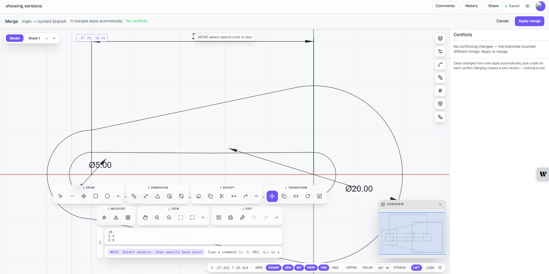 CAD branching and merging in BranchCAD: merging main into the current branch, with clean changes applied automatically and nothing lost