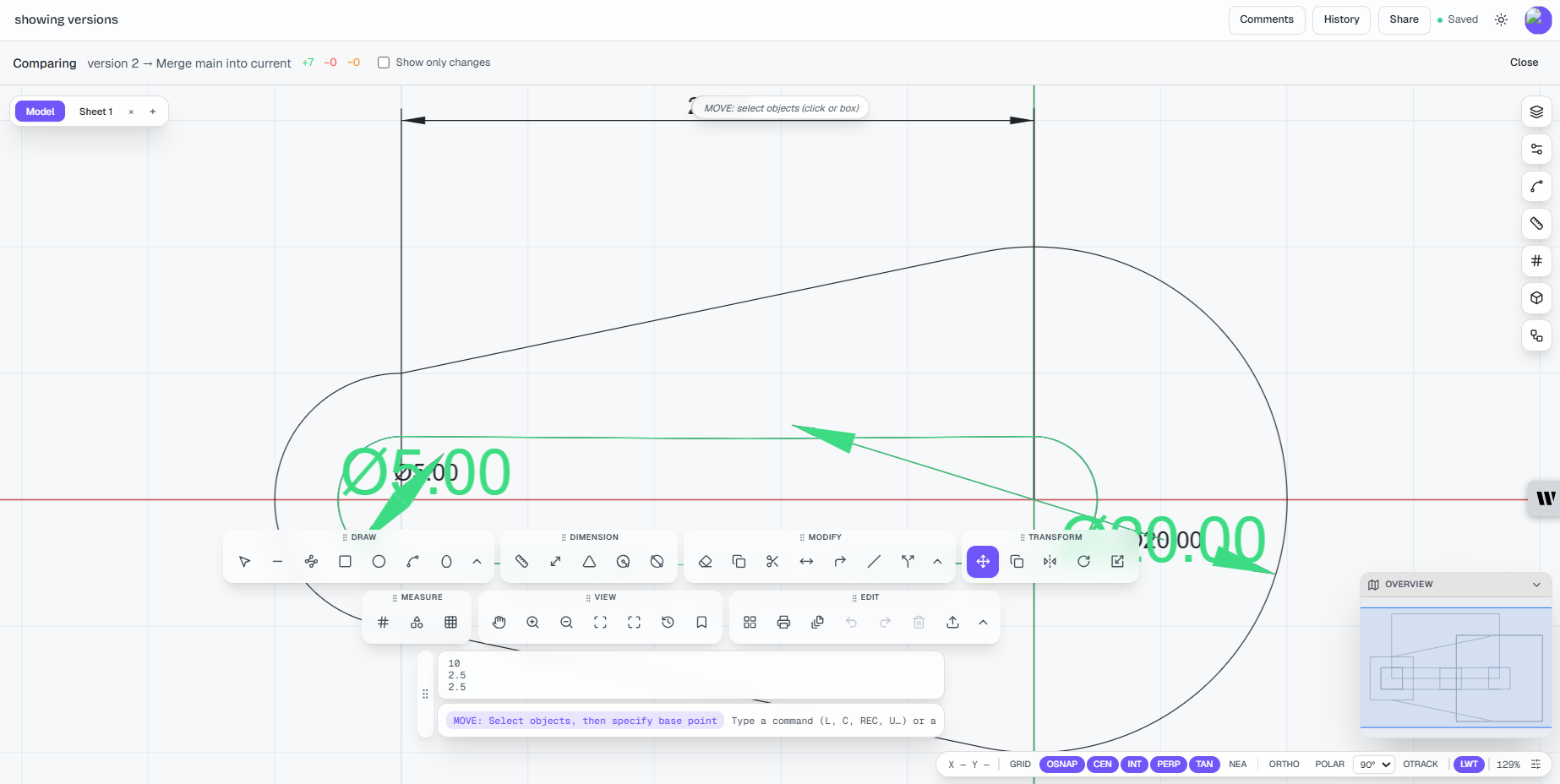 Visual diff in a CAD drawing review workflow: BranchCAD highlighting in green everything one version added over another