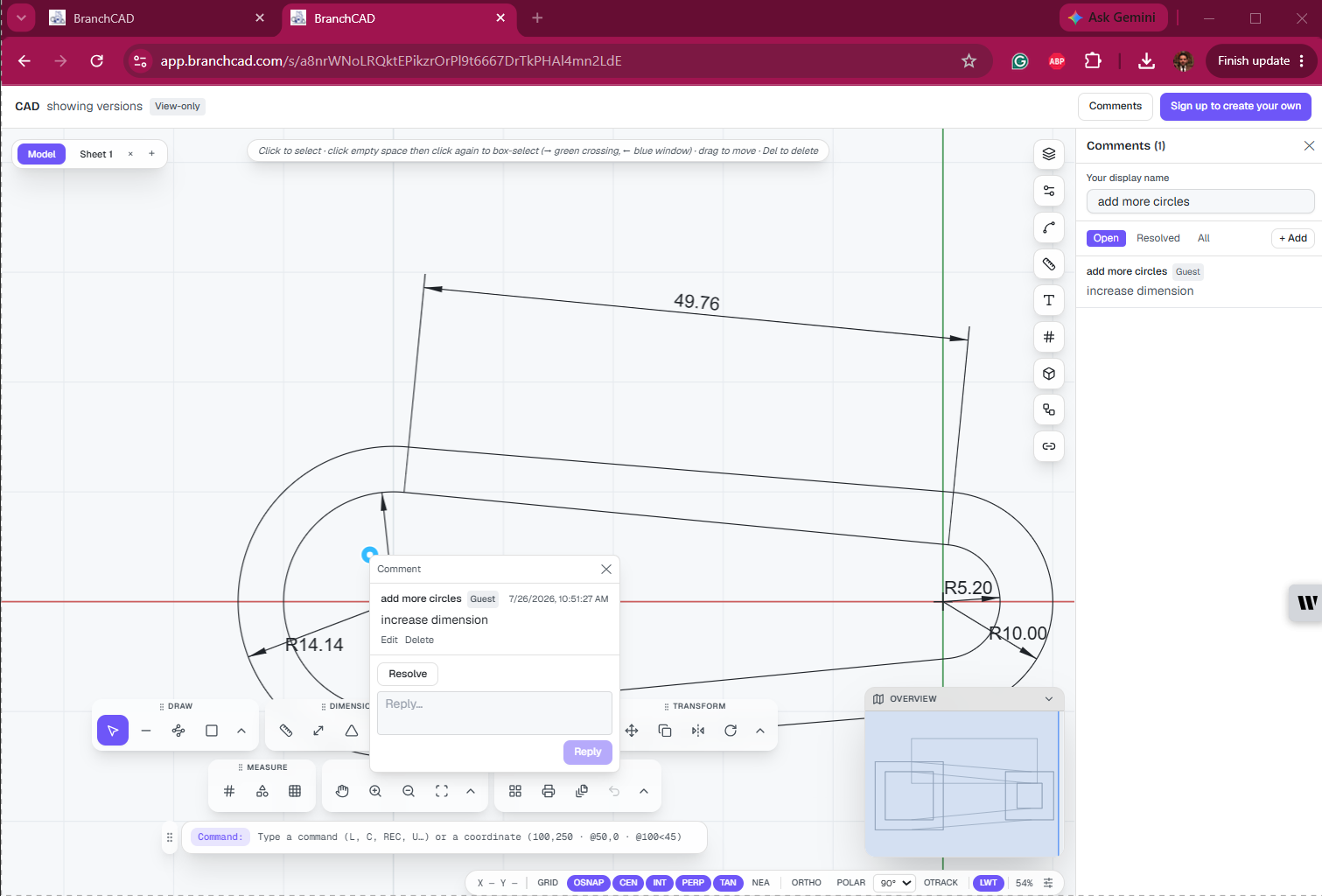 A comment pinned to a dimension in a BranchCAD drawing, open in a browser next to the Comments panel, so the discussion stays with the geometry it refers to