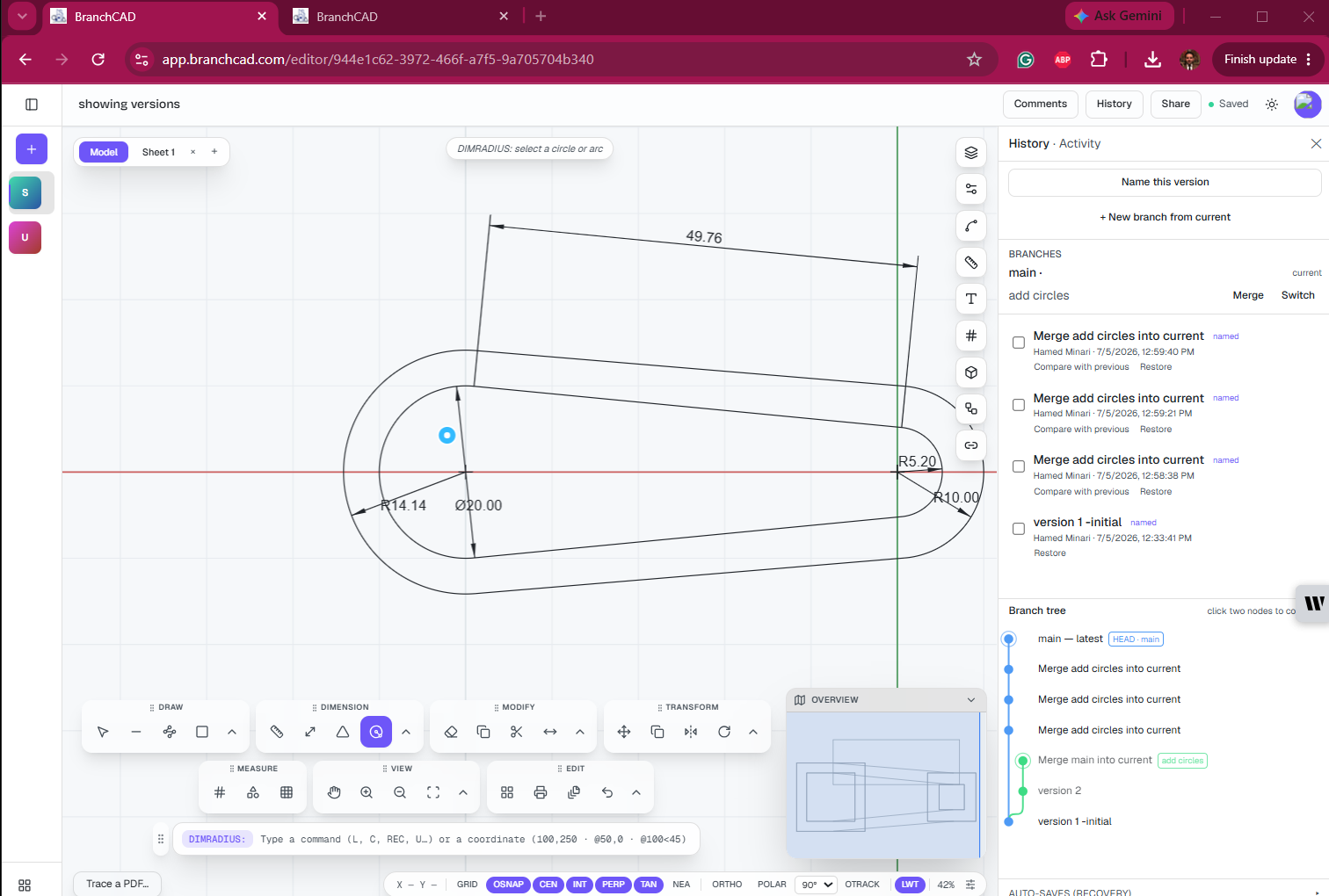 BranchCAD in a browser tab with the History panel open, showing named versions, two branches, and the branch tree for a 2D drawing